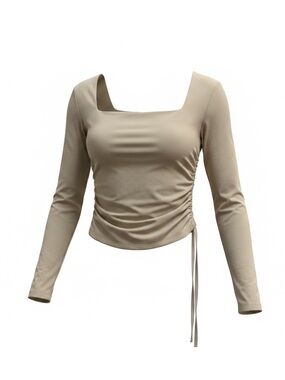 Foxy Jeans - LIKE NEW - Taupe Ruched Square-Neck Long Sleeve Tee